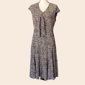 Talbots Bow Tie Cream and Brown Leopard Print‎ Midi Dress Size 8 Petite
